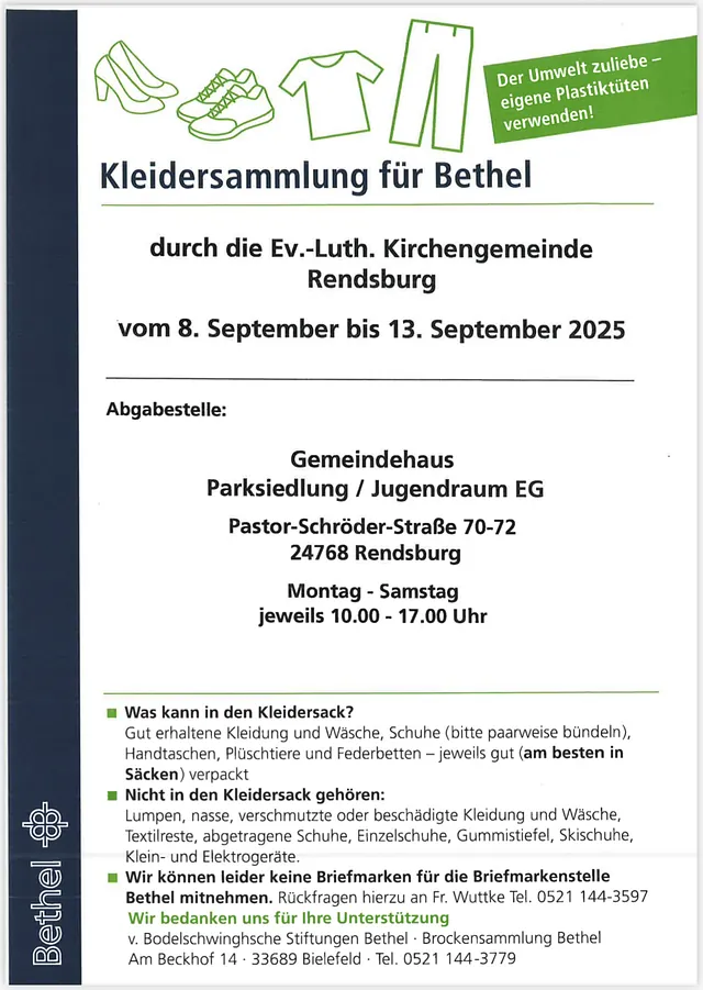 Bethel Sammlung 2025. Abgabe im Gemeindehaus Parksiedlung.