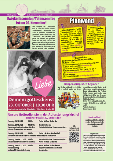 Kirchen-Infoblatt "Pinnwand" mit Ankündigungen und Gottesdienstzeiten.