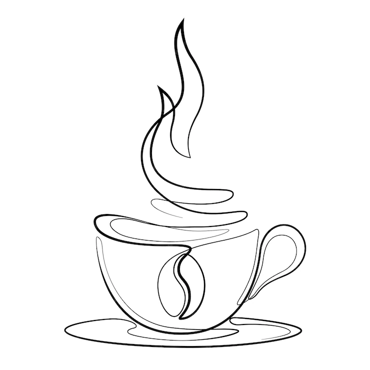 Minimalistische Strichzeichnung einer dampfenden Kaffeetasse mit Bohne.